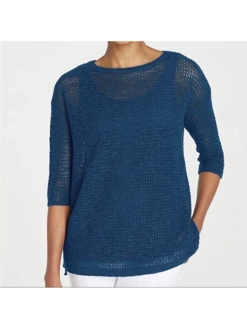 J. Jill Linen Blend Open Knit Sweater XL Harbor Blue